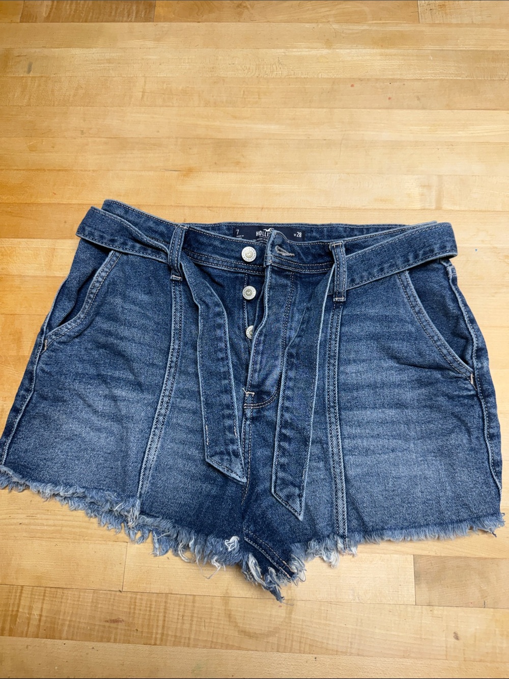 Hollister Dark Blue Tie-Waist Frayed Hem Denim Shorts